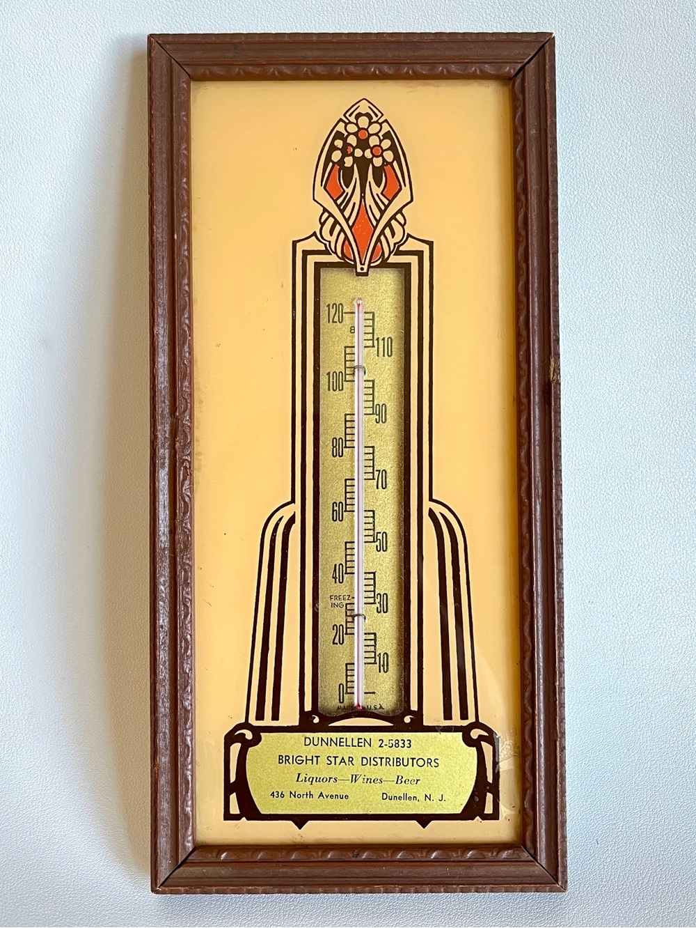 Art Deco Wood Framed Thermometer Promotional Vintage Advertising New Jersey